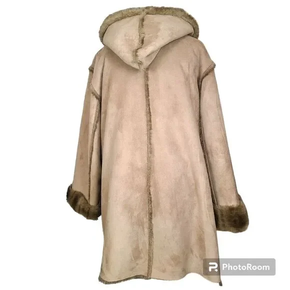 Vintage Dennis Basso Size 1X Tan Brown Reversible Faux Suede/Fur Penny Lane Coat